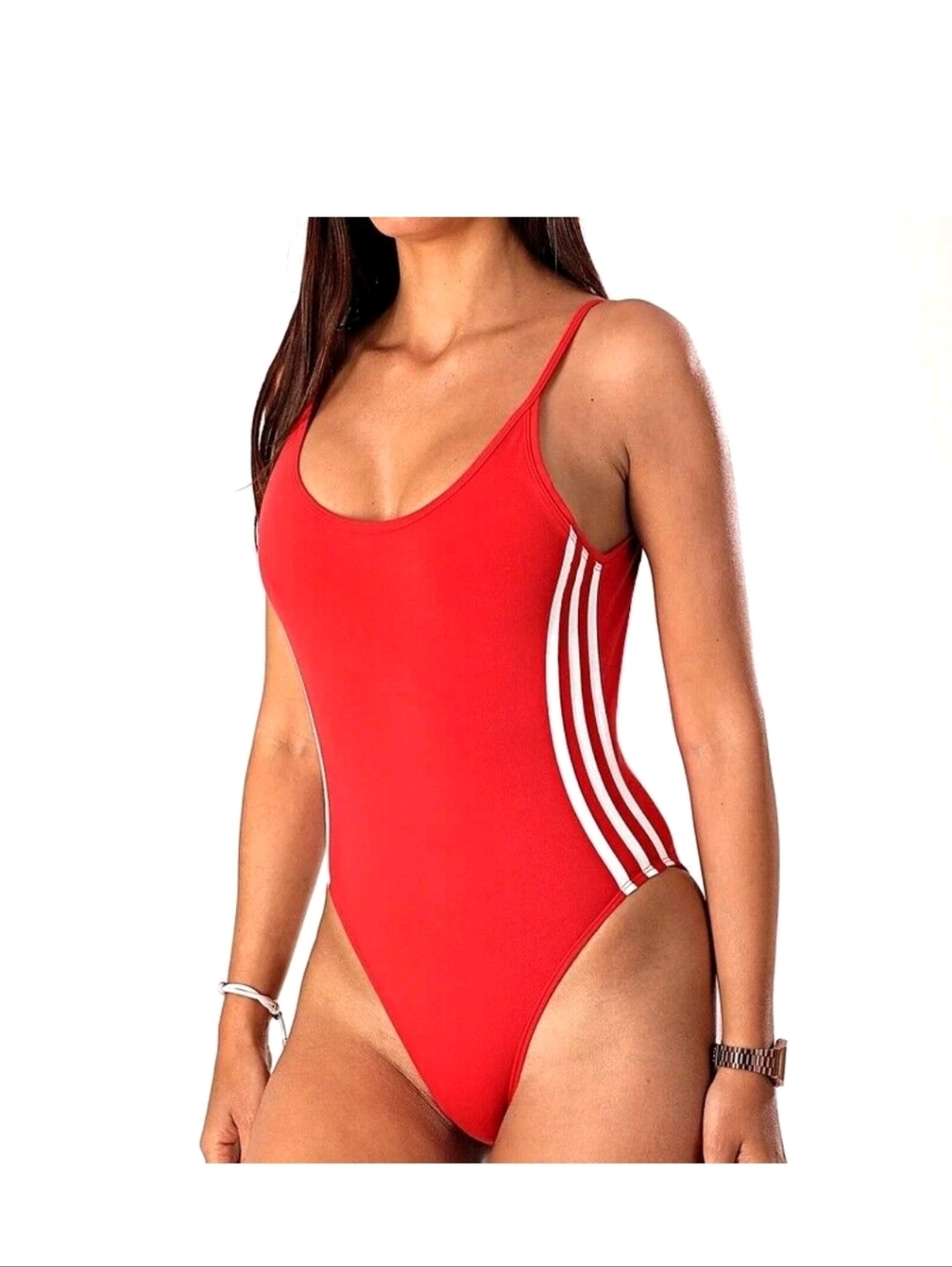 adidas Red One-Piece Bodysuit with White Stripes - M